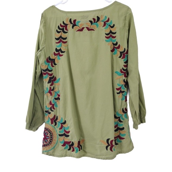 Bohemian Tunic Top Blouse Women's Size 14 Green Multicolor Floral Embroidered - Picture 2 of 11